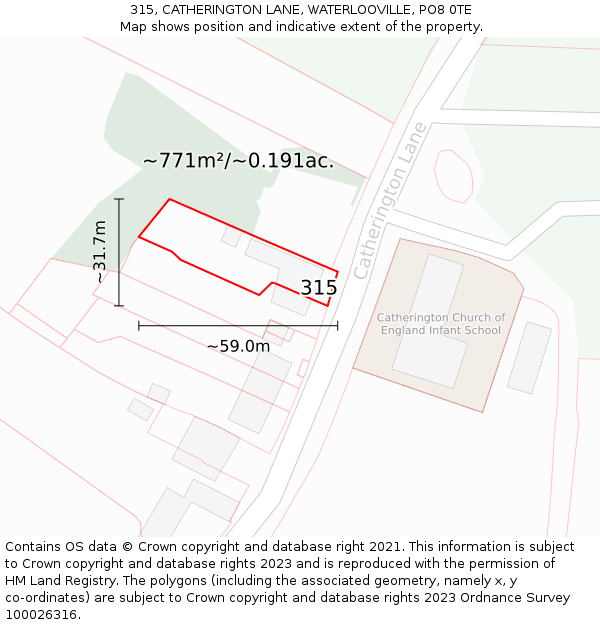 315, CATHERINGTON LANE, WATERLOOVILLE, PO8 0TE: Plot and title map