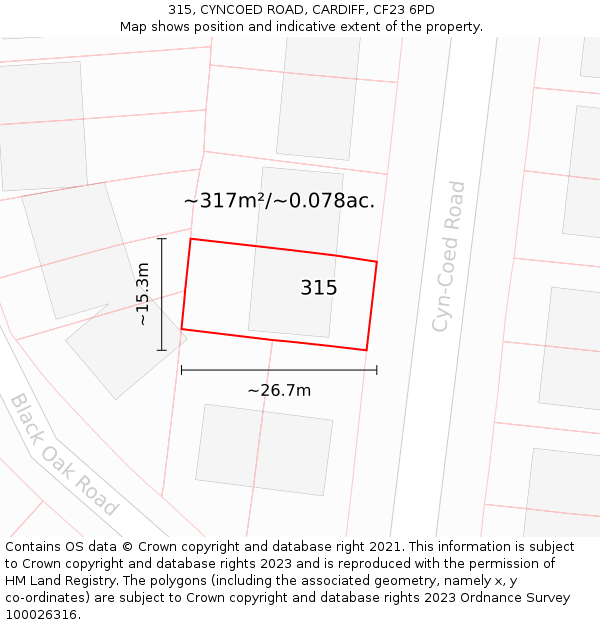 315, CYNCOED ROAD, CARDIFF, CF23 6PD: Plot and title map