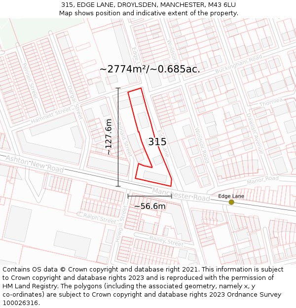 315, EDGE LANE, DROYLSDEN, MANCHESTER, M43 6LU: Plot and title map