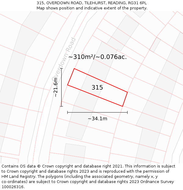 315, OVERDOWN ROAD, TILEHURST, READING, RG31 6PL: Plot and title map