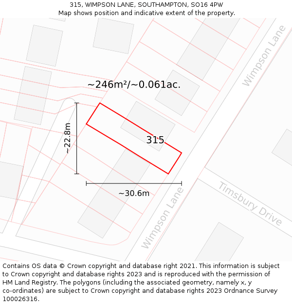 315, WIMPSON LANE, SOUTHAMPTON, SO16 4PW: Plot and title map