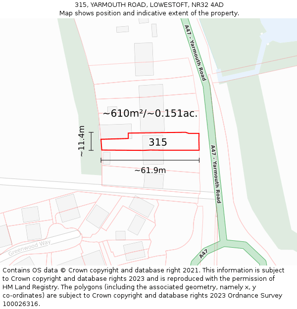 315, YARMOUTH ROAD, LOWESTOFT, NR32 4AD: Plot and title map