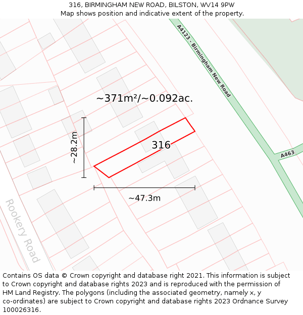 316, BIRMINGHAM NEW ROAD, BILSTON, WV14 9PW: Plot and title map