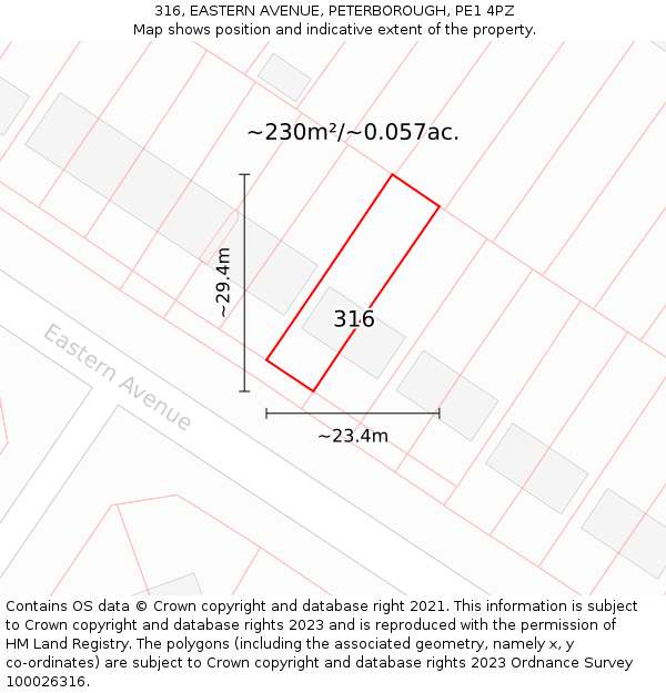 316, EASTERN AVENUE, PETERBOROUGH, PE1 4PZ: Plot and title map