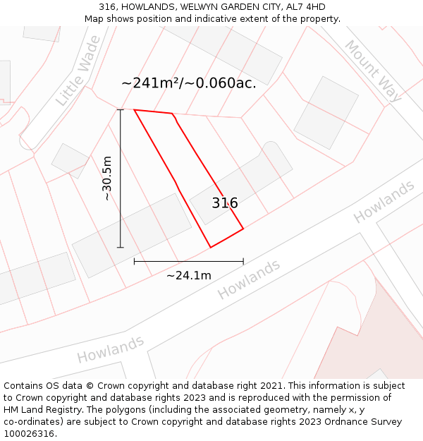 316, HOWLANDS, WELWYN GARDEN CITY, AL7 4HD: Plot and title map