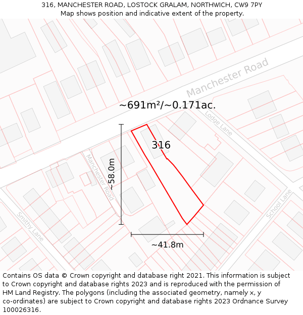 316, MANCHESTER ROAD, LOSTOCK GRALAM, NORTHWICH, CW9 7PY: Plot and title map