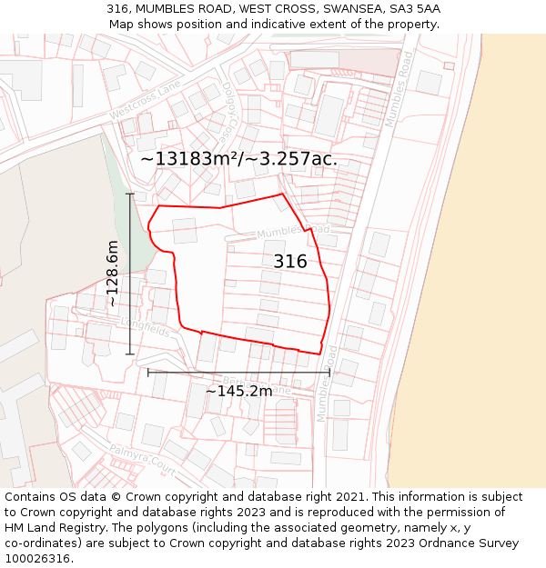 316, MUMBLES ROAD, WEST CROSS, SWANSEA, SA3 5AA: Plot and title map