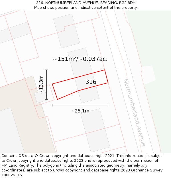 316, NORTHUMBERLAND AVENUE, READING, RG2 8DH: Plot and title map