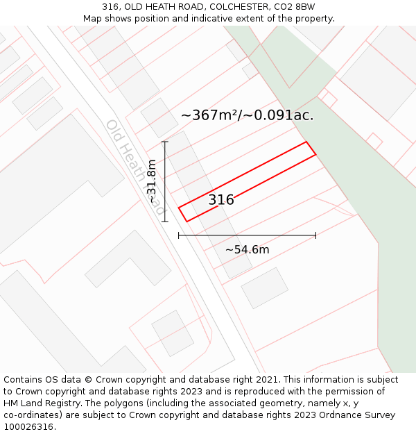 316, OLD HEATH ROAD, COLCHESTER, CO2 8BW: Plot and title map