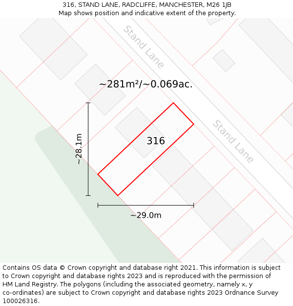 316, STAND LANE, RADCLIFFE, MANCHESTER, M26 1JB: Plot and title map