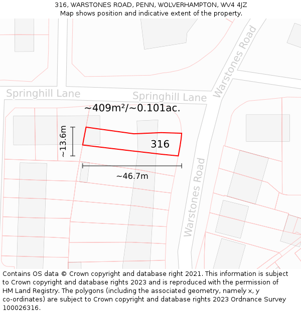 316, WARSTONES ROAD, PENN, WOLVERHAMPTON, WV4 4JZ: Plot and title map