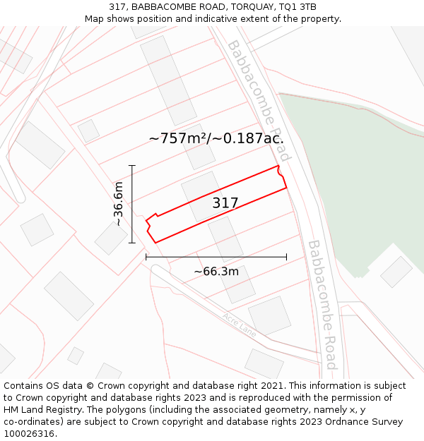 317, BABBACOMBE ROAD, TORQUAY, TQ1 3TB: Plot and title map