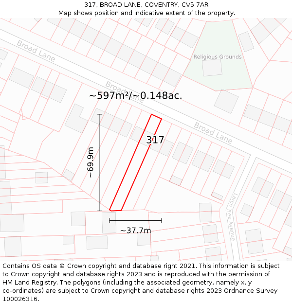 317, BROAD LANE, COVENTRY, CV5 7AR: Plot and title map