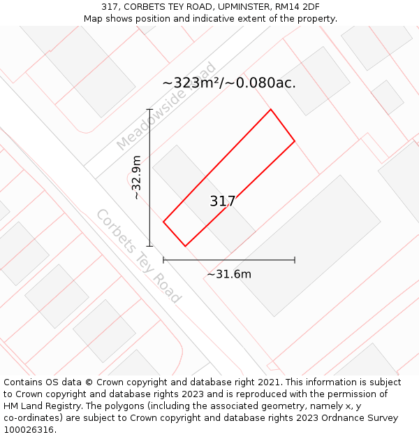 317, CORBETS TEY ROAD, UPMINSTER, RM14 2DF: Plot and title map