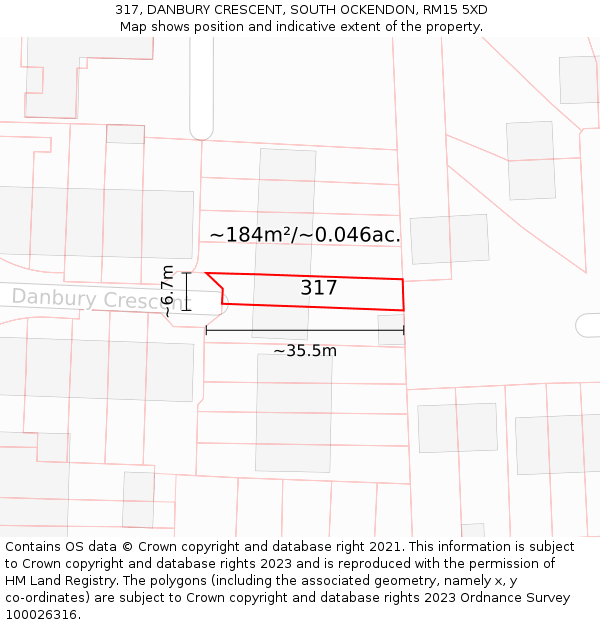 317, DANBURY CRESCENT, SOUTH OCKENDON, RM15 5XD: Plot and title map