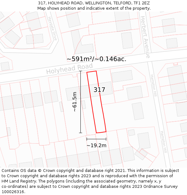 317, HOLYHEAD ROAD, WELLINGTON, TELFORD, TF1 2EZ: Plot and title map