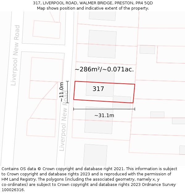 317, LIVERPOOL ROAD, WALMER BRIDGE, PRESTON, PR4 5QD: Plot and title map