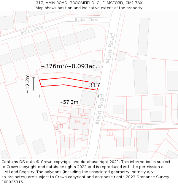 317, MAIN ROAD, BROOMFIELD, CHELMSFORD, CM1 7AX: Plot and title map