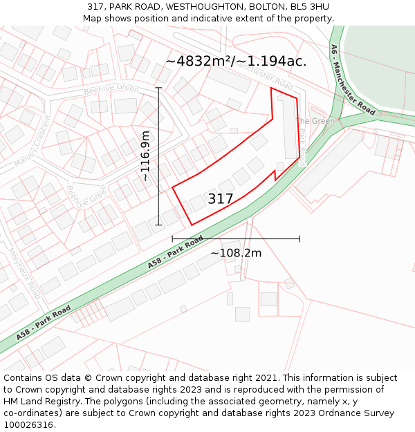 317, PARK ROAD, WESTHOUGHTON, BOLTON, BL5 3HU: Plot and title map
