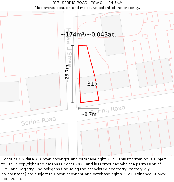 317, SPRING ROAD, IPSWICH, IP4 5NA: Plot and title map