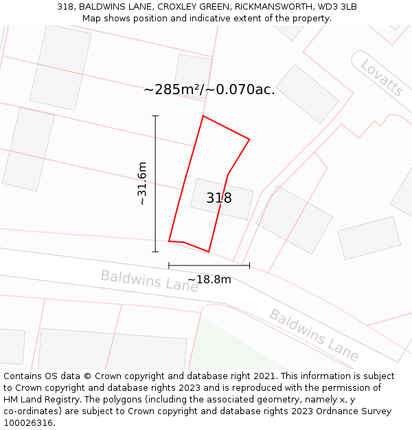 318, BALDWINS LANE, CROXLEY GREEN, RICKMANSWORTH, WD3 3LB: Plot and title map