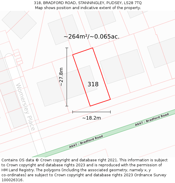318, BRADFORD ROAD, STANNINGLEY, PUDSEY, LS28 7TQ: Plot and title map