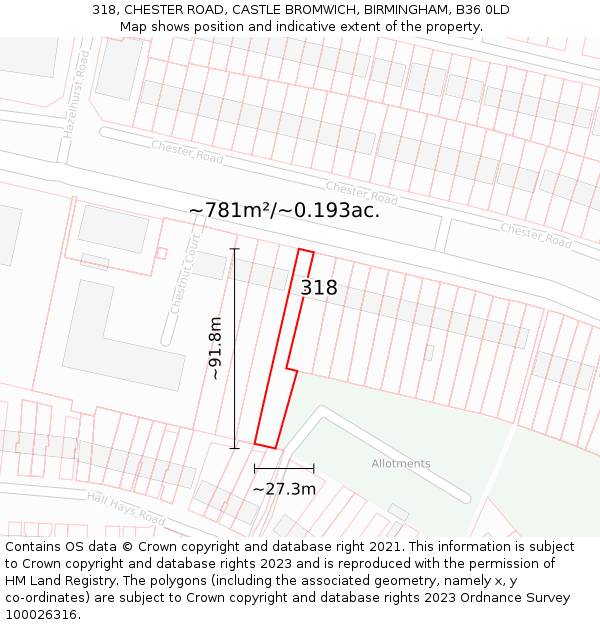 318, CHESTER ROAD, CASTLE BROMWICH, BIRMINGHAM, B36 0LD: Plot and title map