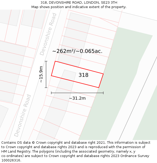318, DEVONSHIRE ROAD, LONDON, SE23 3TH: Plot and title map