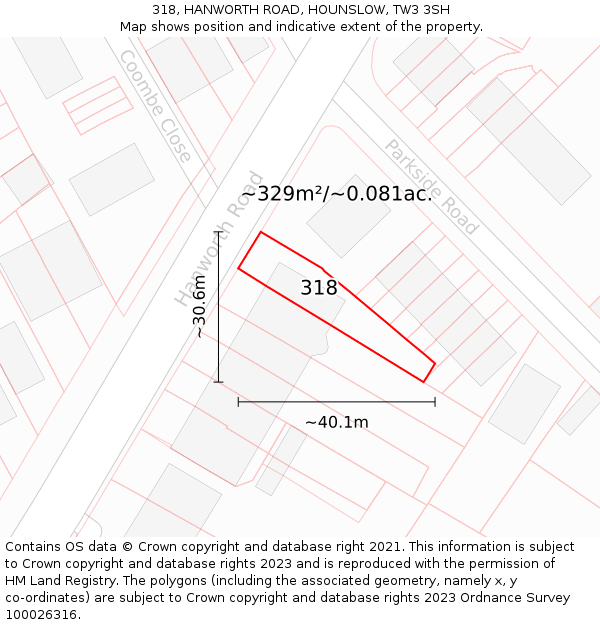 318, HANWORTH ROAD, HOUNSLOW, TW3 3SH: Plot and title map