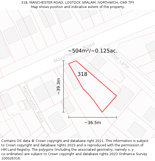 318, MANCHESTER ROAD, LOSTOCK GRALAM, NORTHWICH, CW9 7PY: Plot and title map