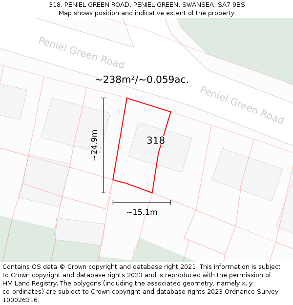 318, PENIEL GREEN ROAD, PENIEL GREEN, SWANSEA, SA7 9BS: Plot and title map