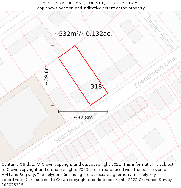 318, SPENDMORE LANE, COPPULL, CHORLEY, PR7 5DH: Plot and title map