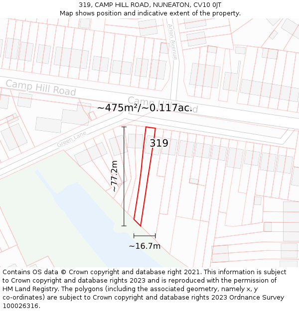 319, CAMP HILL ROAD, NUNEATON, CV10 0JT: Plot and title map