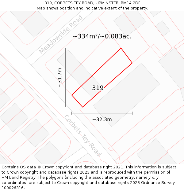 319, CORBETS TEY ROAD, UPMINSTER, RM14 2DF: Plot and title map