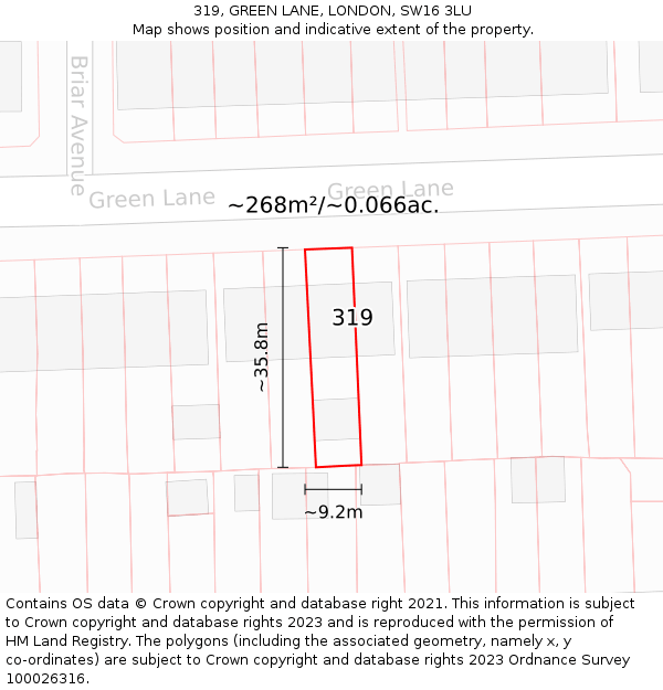 319, GREEN LANE, LONDON, SW16 3LU: Plot and title map