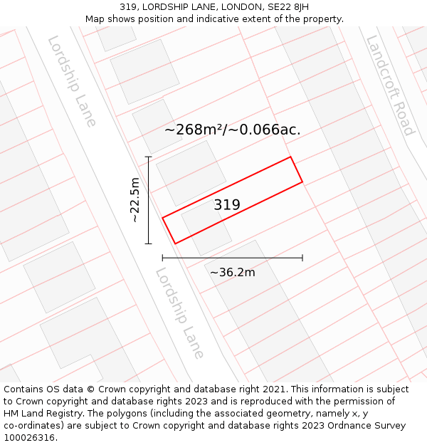 319, LORDSHIP LANE, LONDON, SE22 8JH: Plot and title map