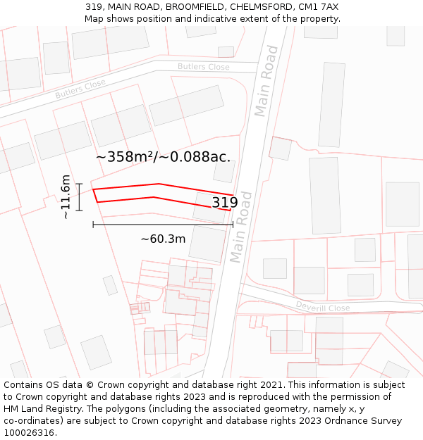 319, MAIN ROAD, BROOMFIELD, CHELMSFORD, CM1 7AX: Plot and title map