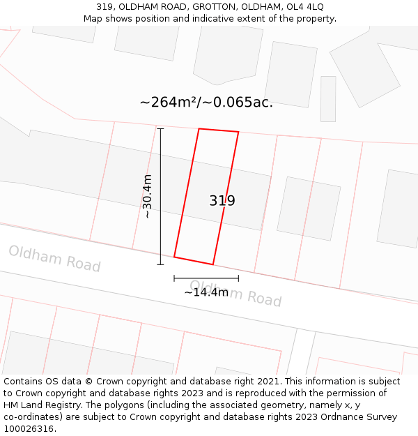 319, OLDHAM ROAD, GROTTON, OLDHAM, OL4 4LQ: Plot and title map