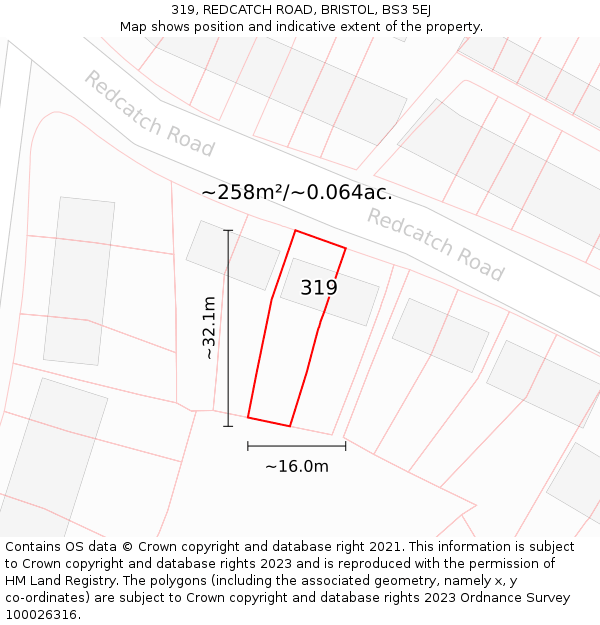 319, REDCATCH ROAD, BRISTOL, BS3 5EJ: Plot and title map