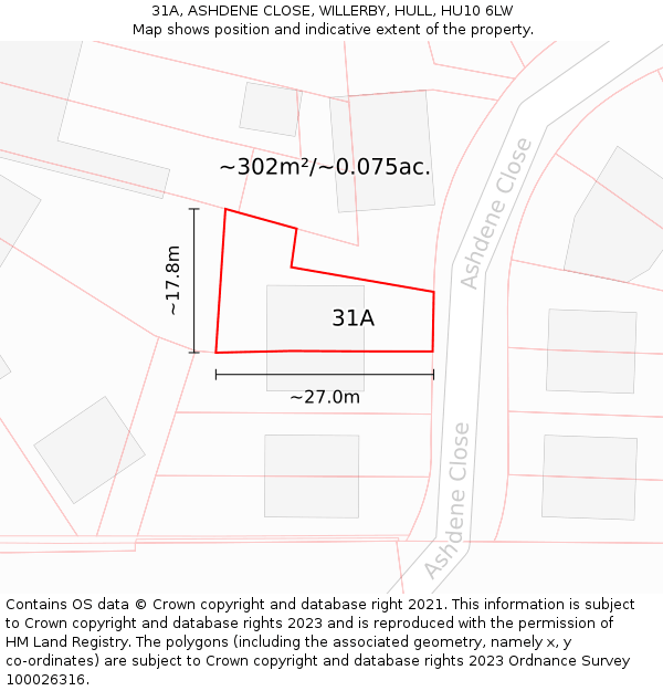 31A, ASHDENE CLOSE, WILLERBY, HULL, HU10 6LW: Plot and title map