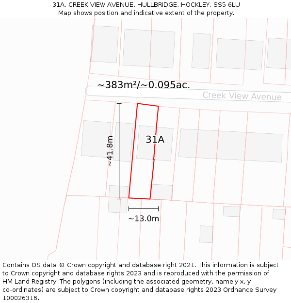 31A, CREEK VIEW AVENUE, HULLBRIDGE, HOCKLEY, SS5 6LU: Plot and title map