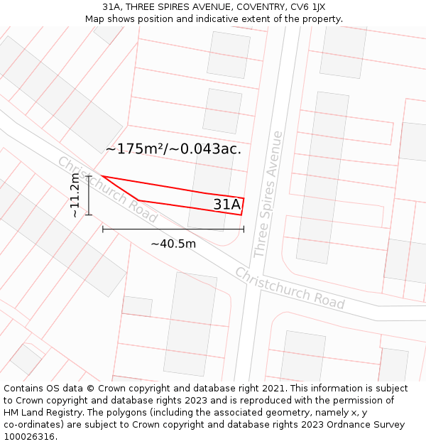 31A, THREE SPIRES AVENUE, COVENTRY, CV6 1JX: Plot and title map