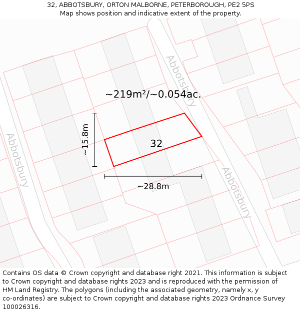 32, ABBOTSBURY, ORTON MALBORNE, PETERBOROUGH, PE2 5PS: Plot and title map
