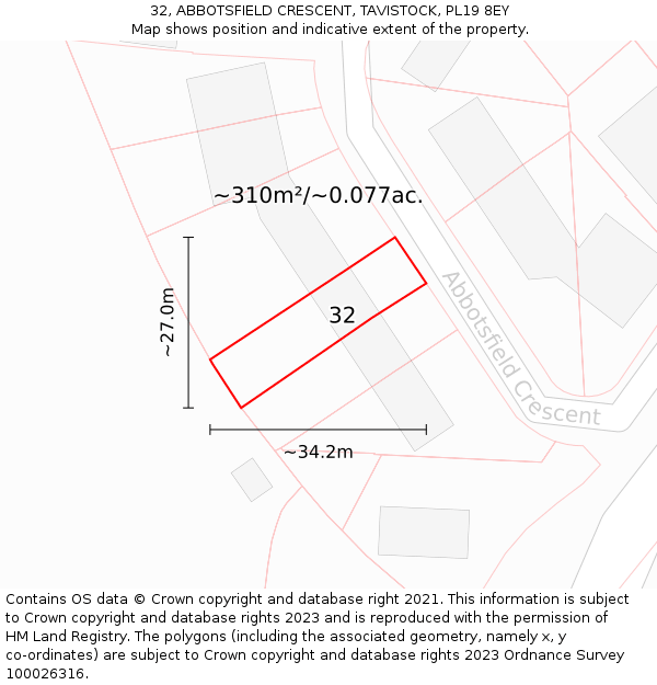 32, ABBOTSFIELD CRESCENT, TAVISTOCK, PL19 8EY: Plot and title map