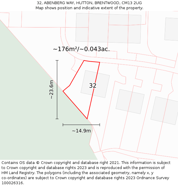 32, ABENBERG WAY, HUTTON, BRENTWOOD, CM13 2UG: Plot and title map