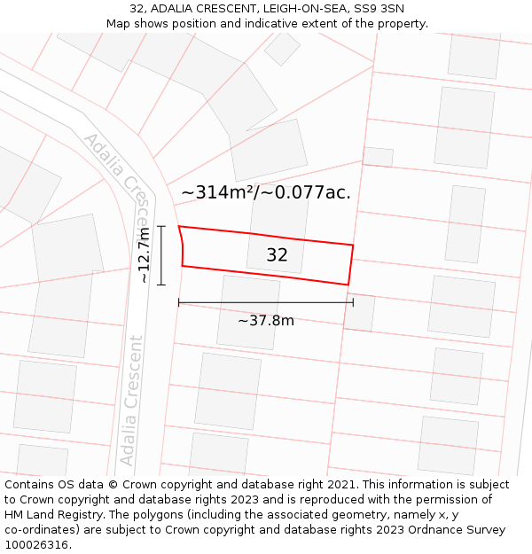 32, ADALIA CRESCENT, LEIGH-ON-SEA, SS9 3SN: Plot and title map