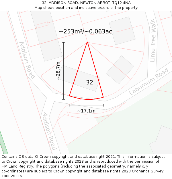 32, ADDISON ROAD, NEWTON ABBOT, TQ12 4NA: Plot and title map