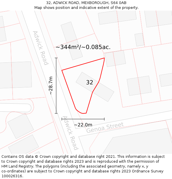 32, ADWICK ROAD, MEXBOROUGH, S64 0AB: Plot and title map