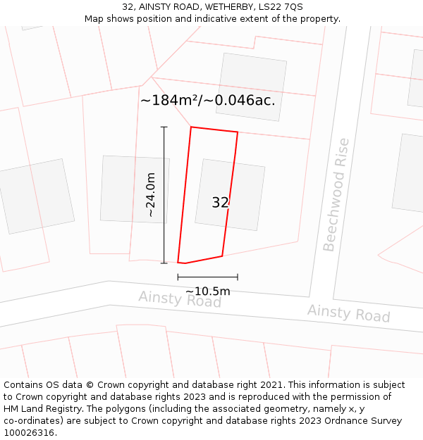 32, AINSTY ROAD, WETHERBY, LS22 7QS: Plot and title map