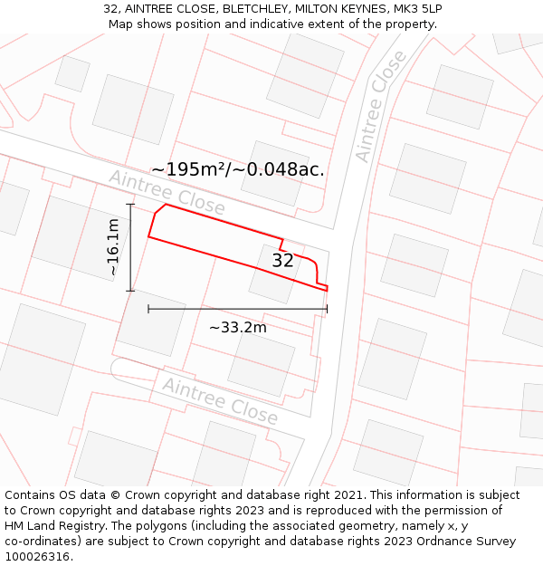 32, AINTREE CLOSE, BLETCHLEY, MILTON KEYNES, MK3 5LP: Plot and title map